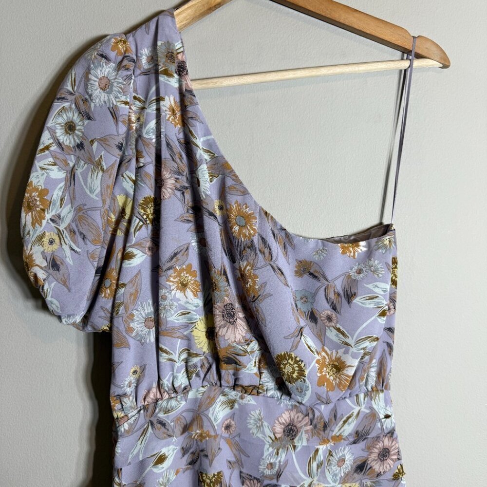 ASTR The Label Periwinkle Floral One Shoulder Tulip Mini Dress Women's Medium - Picture 12 of 14